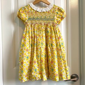 Mini Boden Yellow Dress Floral Print lace collar  size 6/7